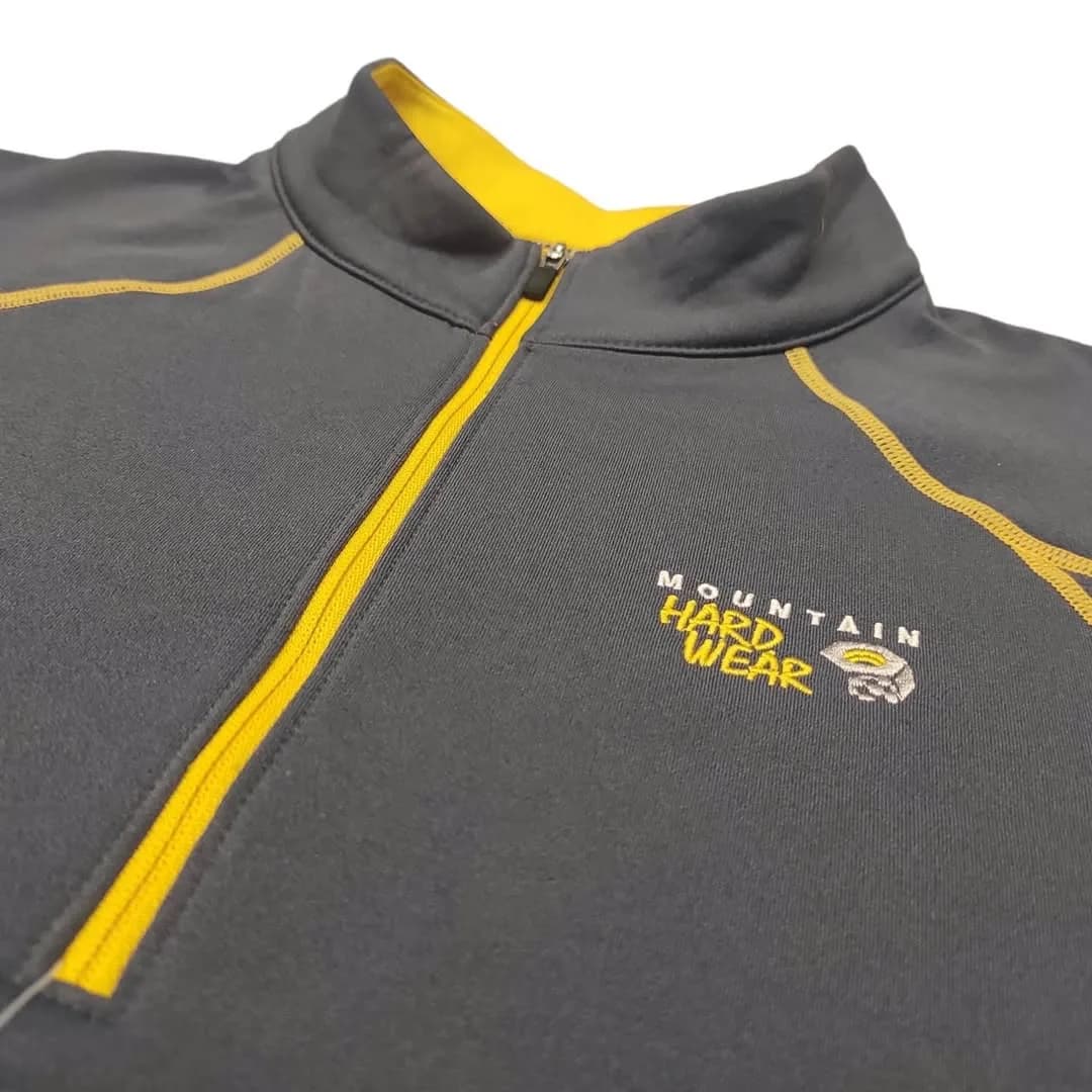 تیشرت مردانه سایز M Mountain Hardwear، رنگ خاکستری و زرد، جنس پنبه، آستین بلند، یقه ایستاده، نیمزیپ