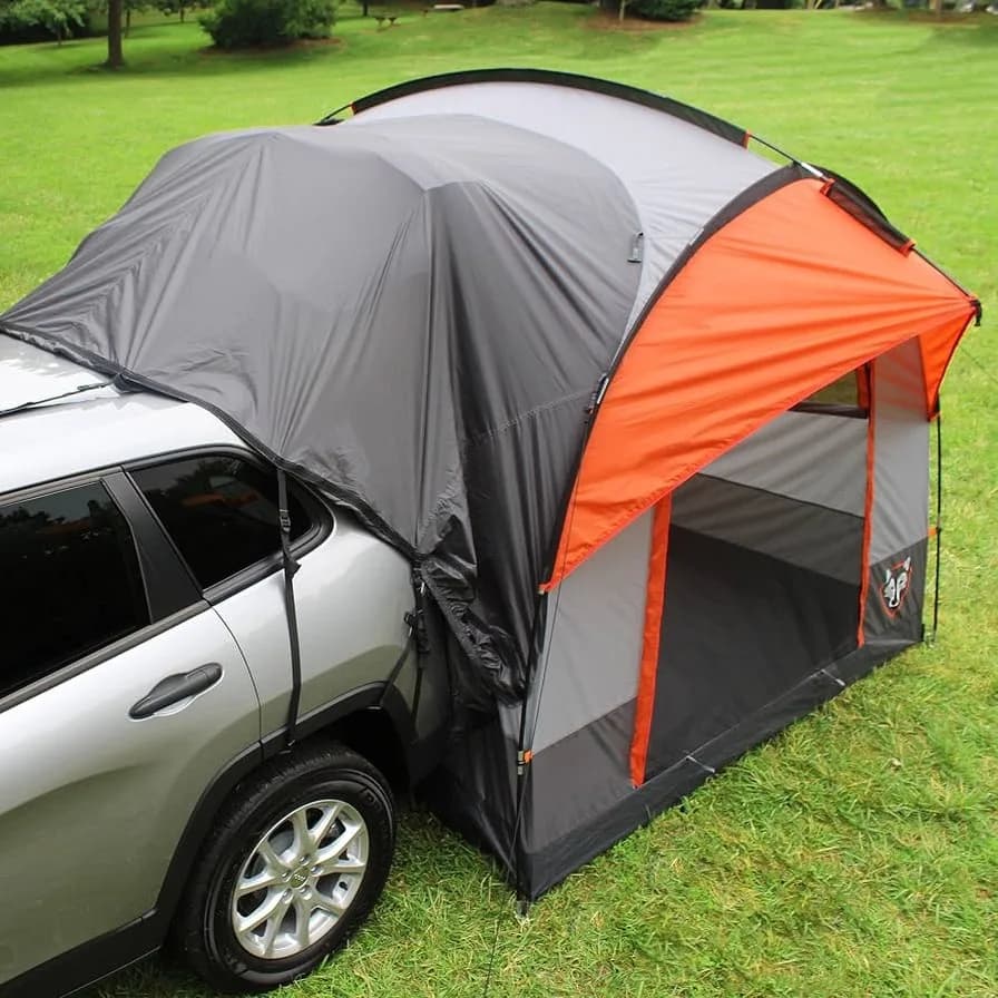 چادر خودرو SUV Tent Rightline Gear، رنگ خاکستری و نارنجی، متصل به ماشین