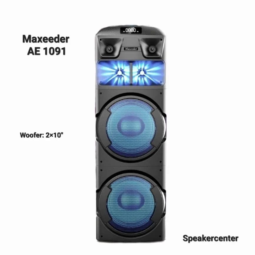 اسپیکر AE 1091 با دو ساب ۱۰ اینچ مکسیدر، رنگ مشکی و آبی، جنس پلاستیک، ایستاده و مستطیلی