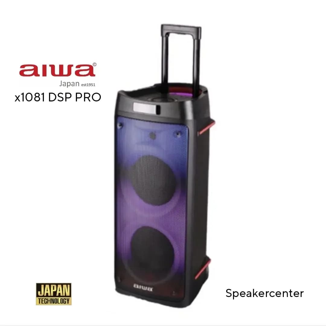 اسپیکر چرخدار AW-X1081 DSP PRO آیوا، رنگ مشکی و بنفش، جنس پلاستیک و فلز، ایستاده، دستهدار