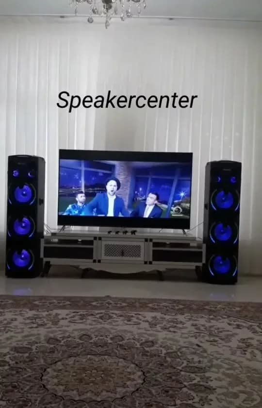 جفت اسپیکر چراغدار مکسیدر، رنگ مشکی و آبی، جنس پلاستیک، ایستاده صوتی خانگی
