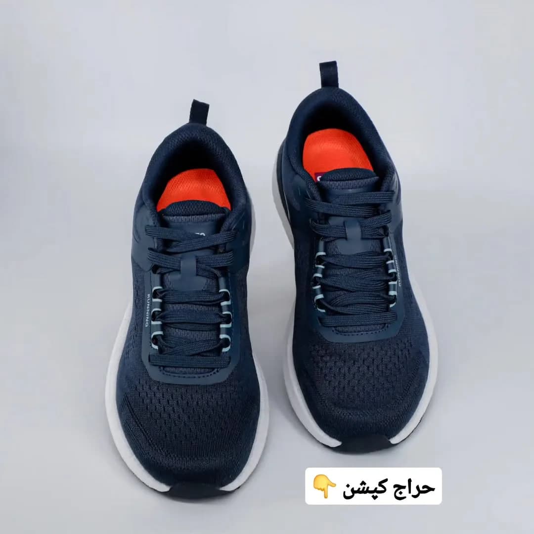 کفش رانینگ ۲۰۲۶ هامتو، رنگ سرمه‌ای، سفید و نارنجی، جنس پارچه، کتانی، بنددار