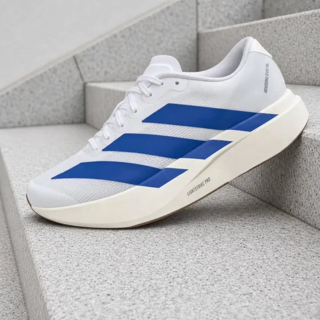 کفش رانینگ Adizero Evo SL آدیداس، رنگ سفید و آبی، کتانی، بنددار