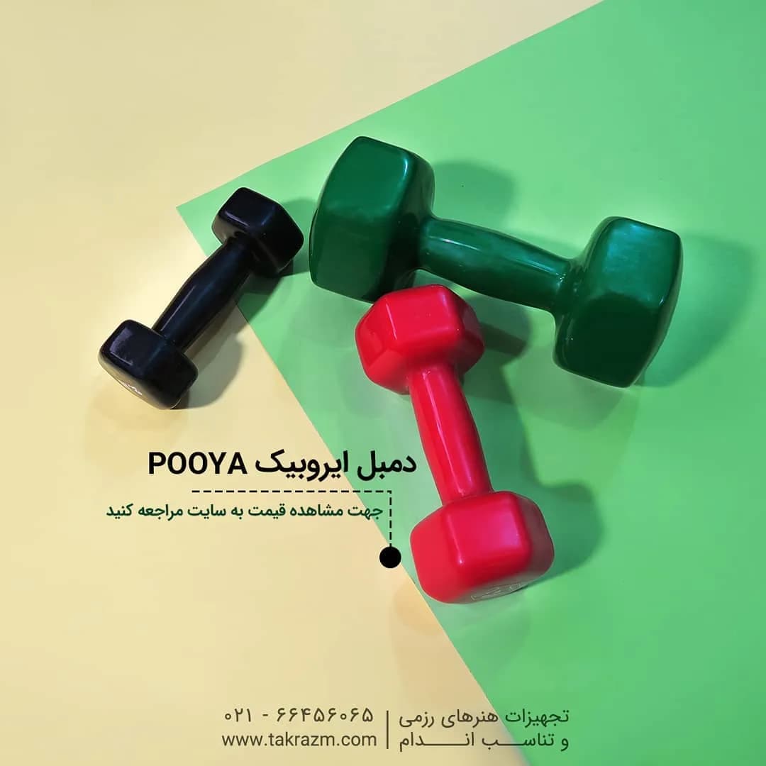 دمبل ایروبیک پویا، رنگ سبز، قرمز و مشکی، جنس پلاستیک، ششضلعی