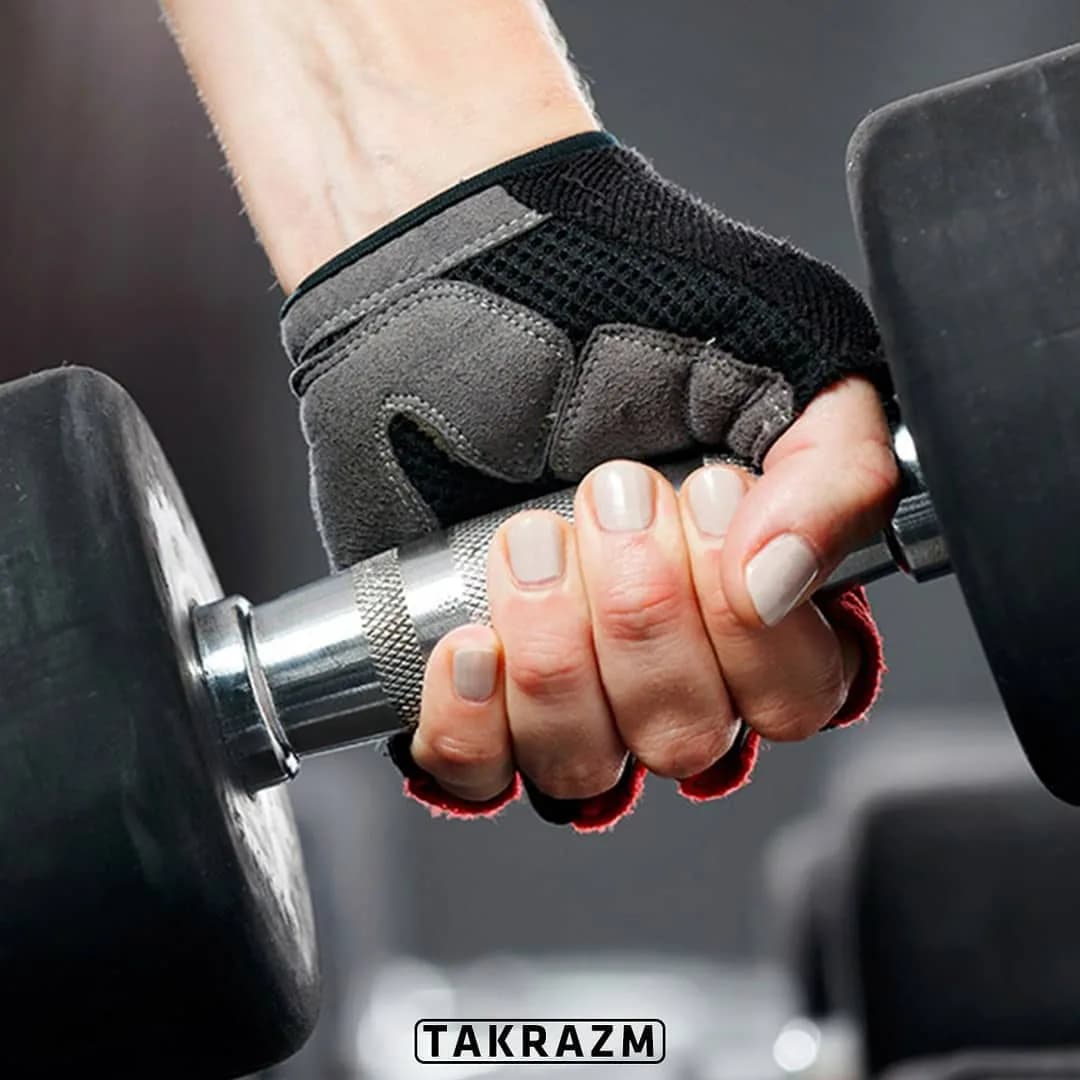 دستکش بدنسازی مدل Purple maraton، رنگ خاکستری، مشکی و قرمز، بدون انگشت