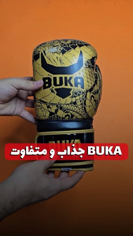 دستکش بوکس ۱۲ و ۱۴ اونس BUKA، رنگ زرد و مشکی، جنس چرم مصنوعی