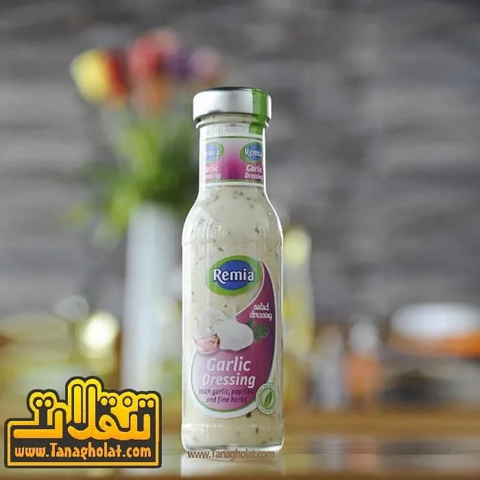 سس سالاد سیر بدون گلوتن رمیا، رنگ سفید و کرم، جنس شیشه، بطری