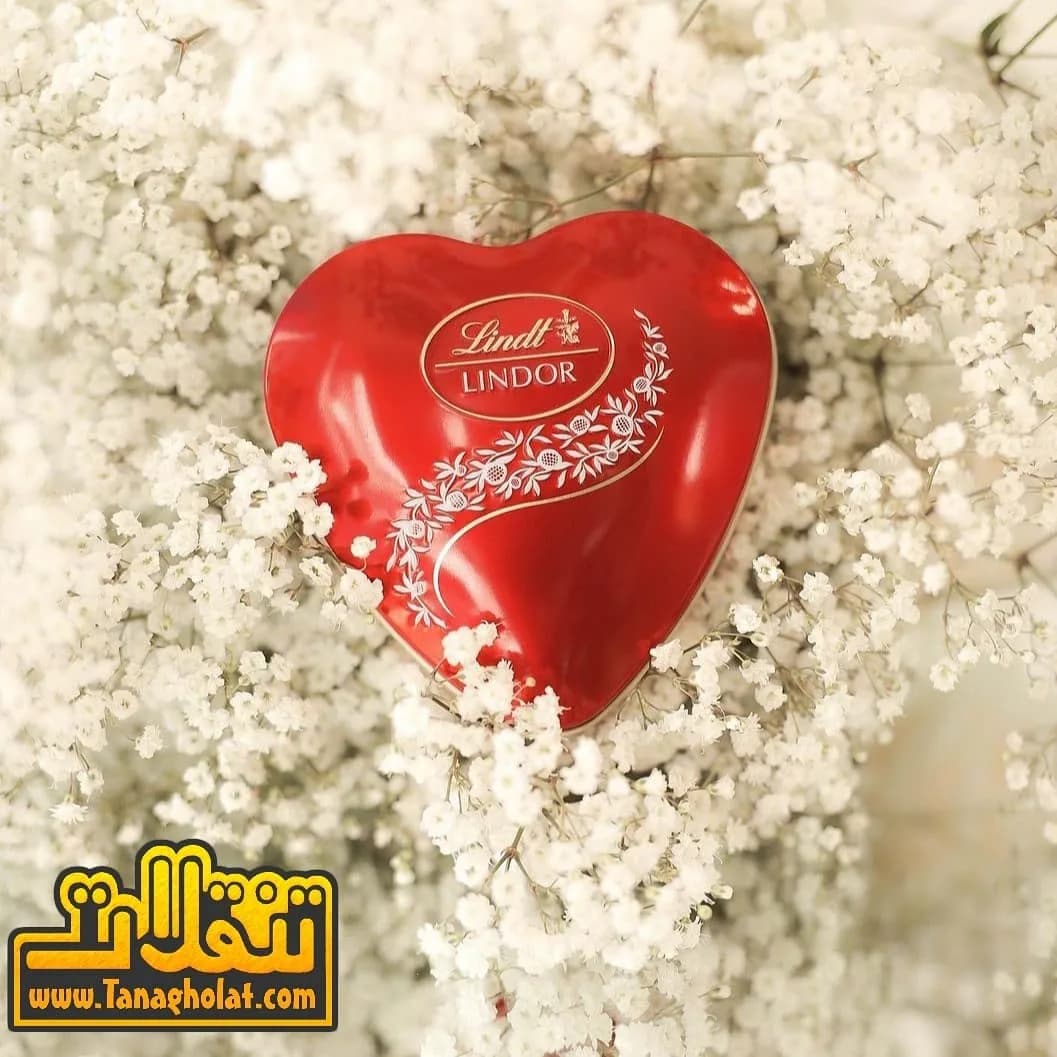 شکلات قلبی لیندور جعبه فلزی ۶۰ گرمی، رنگ قرمز و سفید، قوطی فلزی قلبی