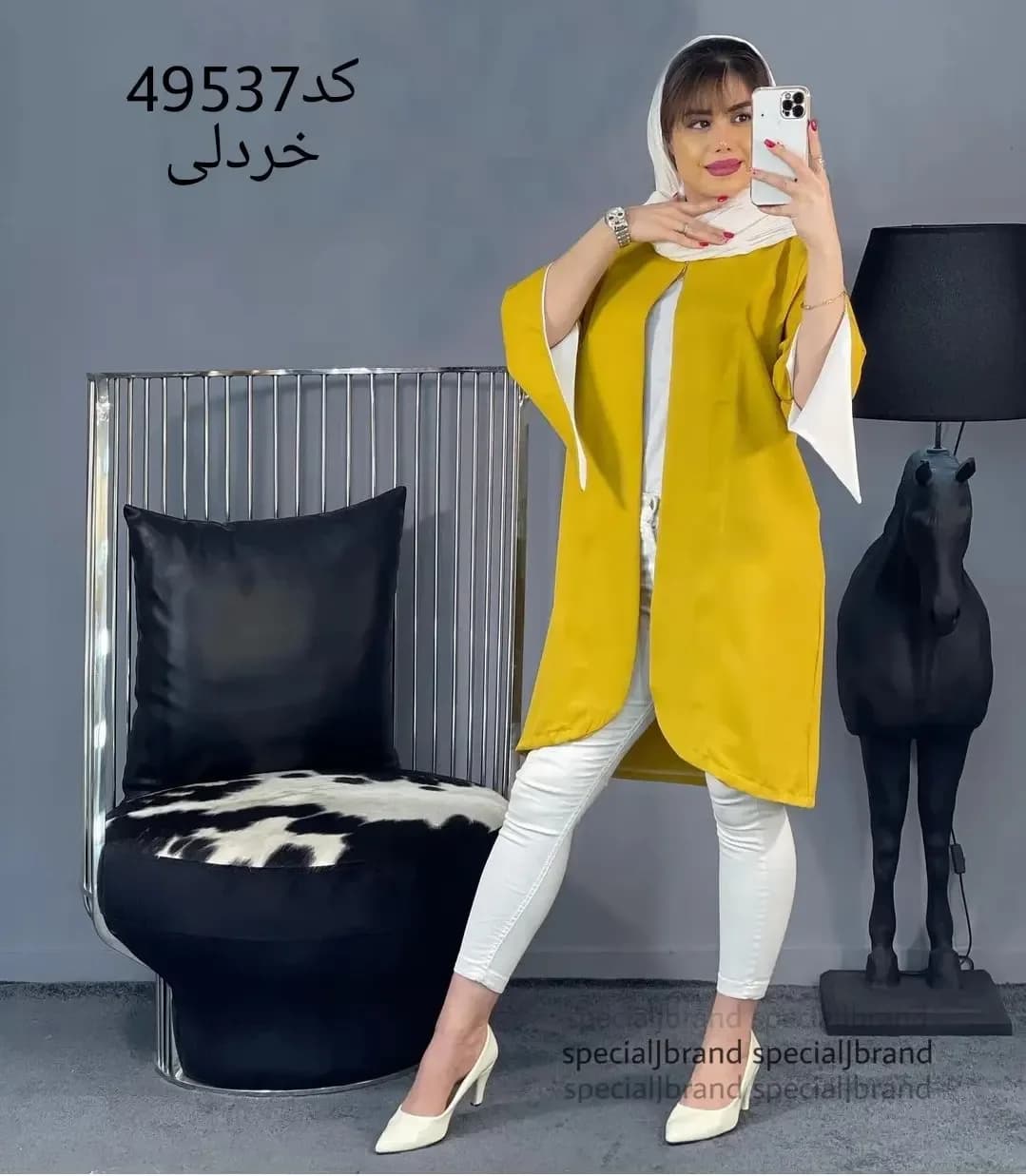 مانتو آستین اشکی کرپ اسکاچی، رنگ زرد خردلی، بلند، جلو باز، آستین باز