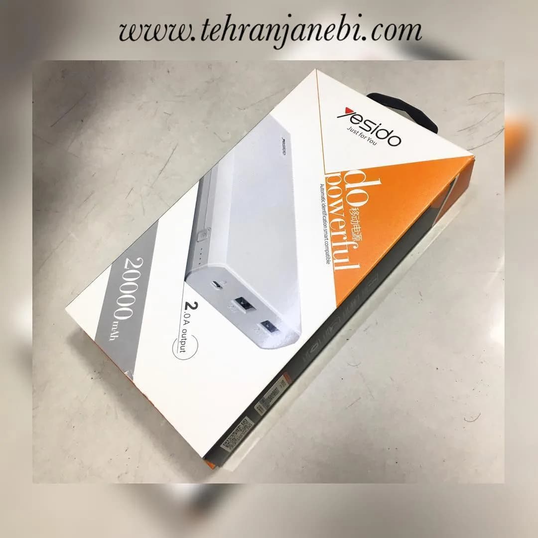 پاوربانک ۲۰۰۰۰ میلیآمپر YESIDO، رنگ سفید و نارنجی، جنس پلاستیک، مستطیلی