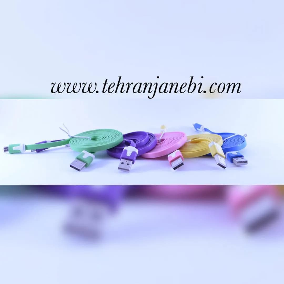 کابل شارژ فست ۲ متری، رنگ سبز، بنفش، صورتی، زرد و آبی، جنس پلاستیک، تخت با سر USB