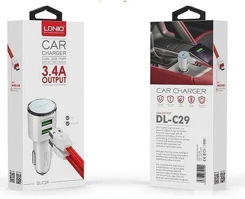 شارژر فندکی LDNIO DL-C29، رنگ سفید، جنس پلاستیک، دو پورت USB