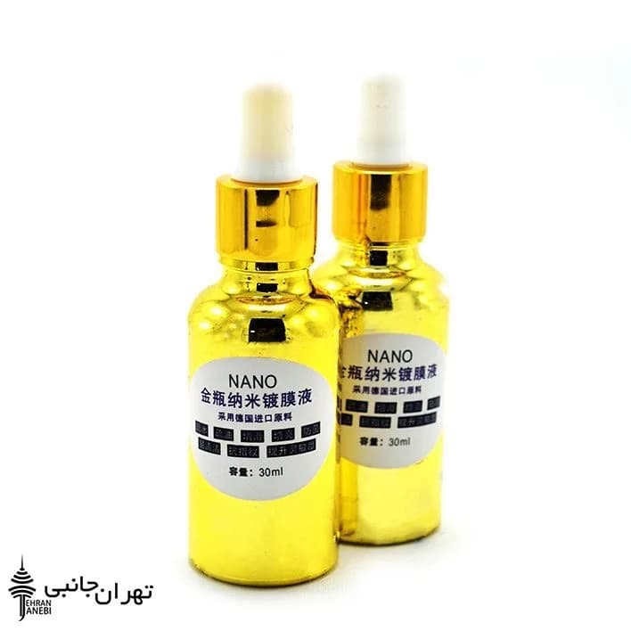 قطره دستگاه نانو گلس طلایی، رنگ سفید، جنس شیشه و پلاستیک، بطری قطرهچکان کوچک