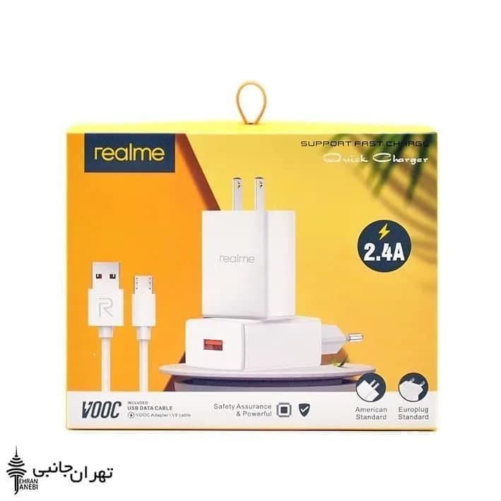 کلگی و کابل شارژ ریلمی VOOC Realme، رنگ سفید، جنس پلاستیک، دو شاخه، همراه با کابل