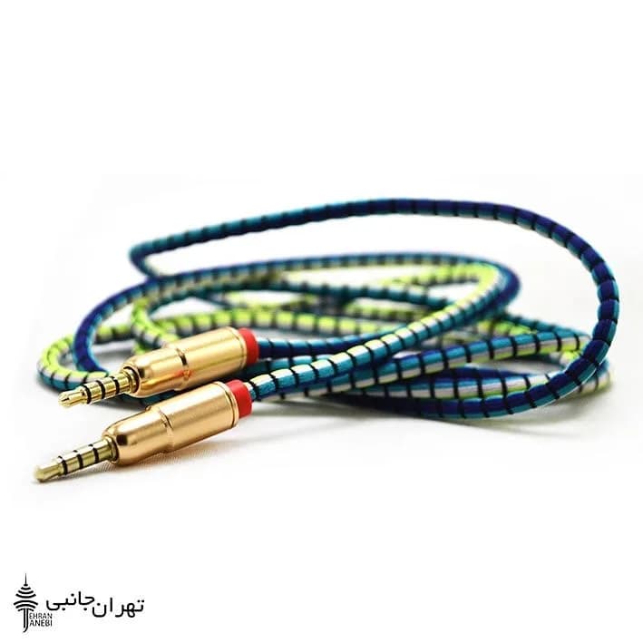 کابل AUX سرفلزی یک‌ونیم متری MELODY، رنگ آبی، سبز و طلایی، جنس پلاستیک، طرح راه‌راه، جک 3.5 میلی‌متری