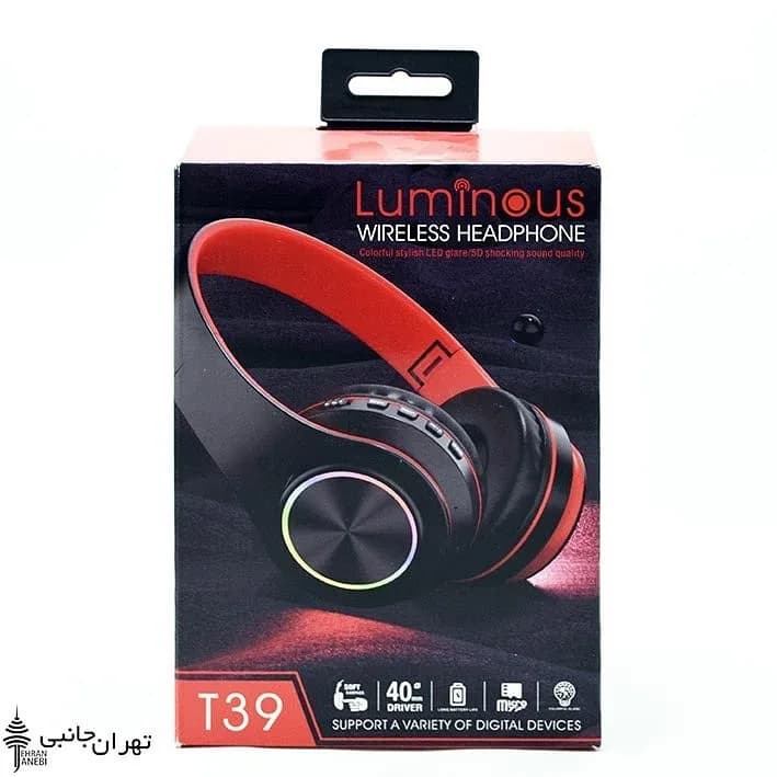 هدست بلوتوثی T39 RGB، رنگ مشکی و قرمز، جنس پلاستیک، روی گوش
