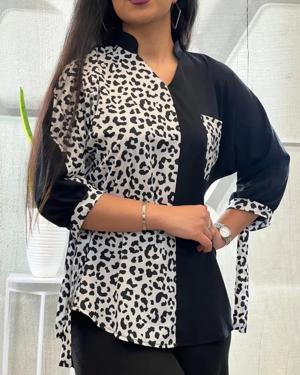 شومیز زنانه ترکیبی، رنگ مشکی و سفید، طرح پلنگی، قد تا باسن، یقه دار، آستین سه چهارم، گشاد