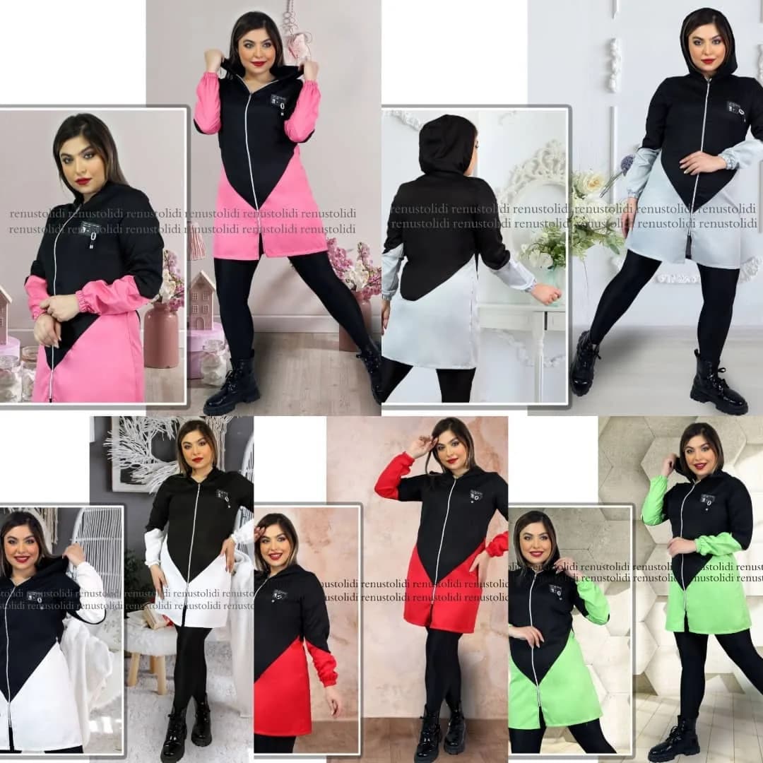 مانتو ترکیبی ترگال کد ۷۸۱، رنگ مشکی، صورتی، سفید، قرمز و سبز، بلند، کلاهدار، آستین بلند، گشاد
