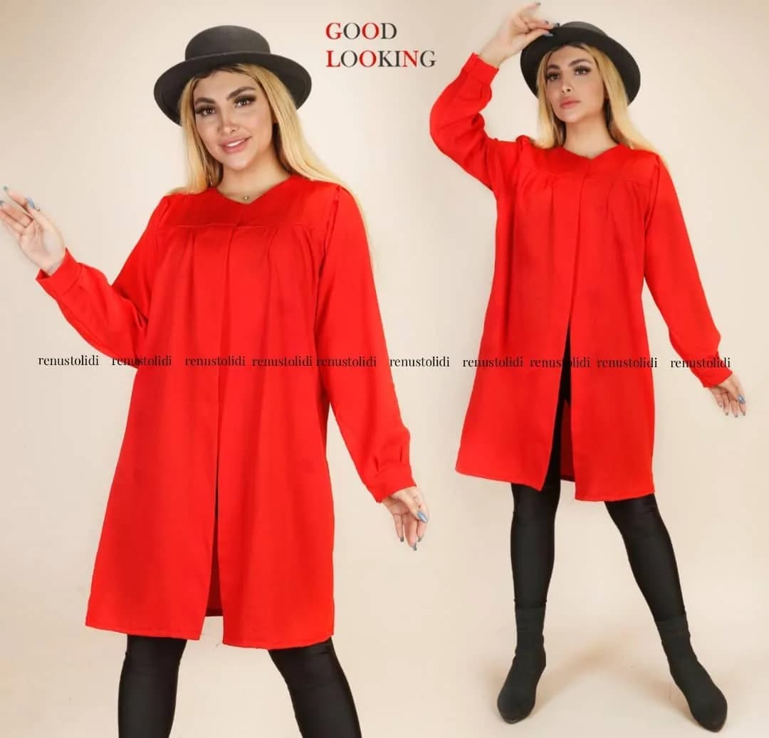 مانتو کریشه دو نخ کد ۷۱۹، رنگ قرمز، بلند، یقه گرد، آستین بلند، آزاد