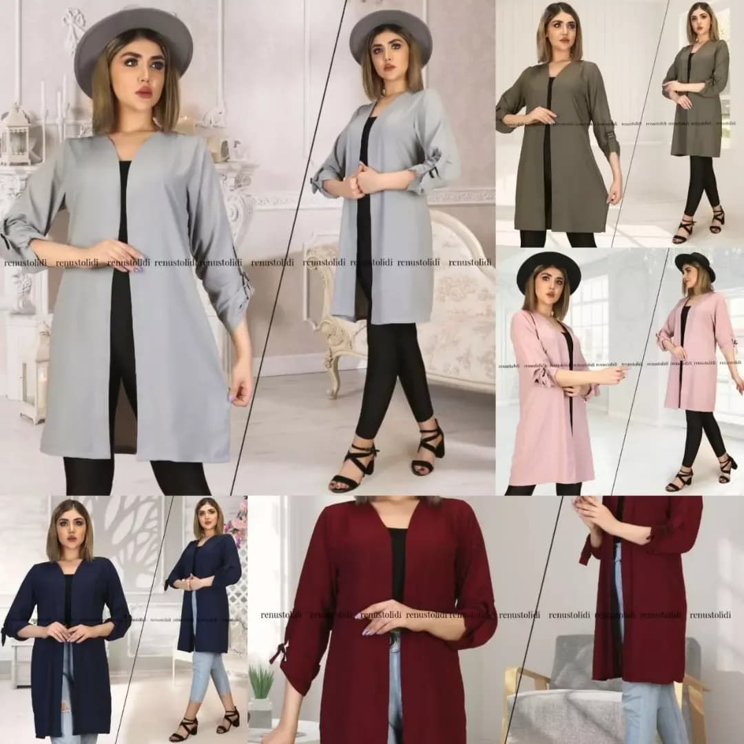 مانتو اسکودا کد ۷۰۰، رنگ خاکستری، زیتونی، صورتی، سرمهای و زرشکی، بلند، یقه هفت، آستین بلند