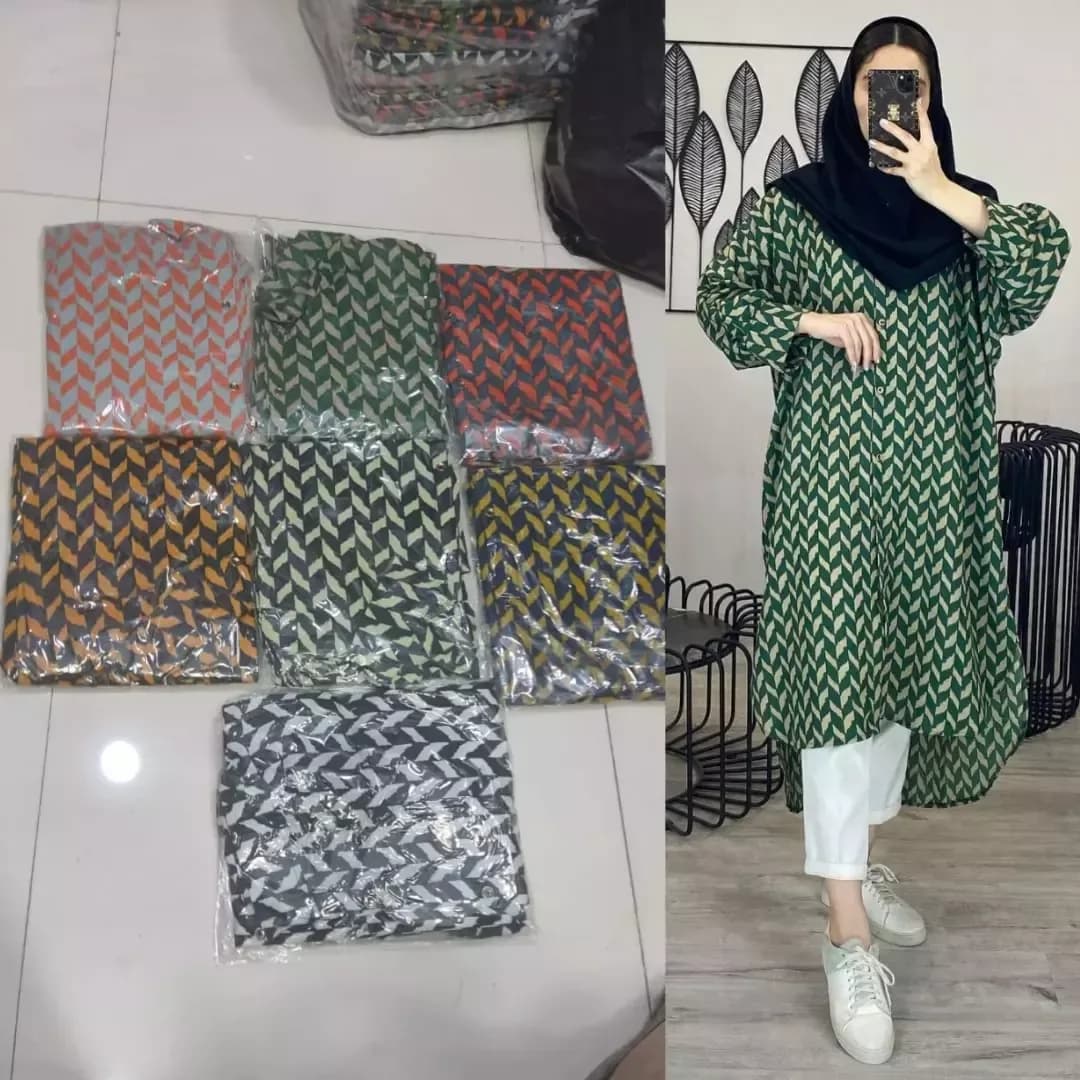 مانتو بلند طرحدار کتان نخی، رنگ سبز، نارنجی، آبی، خاکستری و مشکی، طرح هندسی، یقه دار، آستین بلند، گشاد