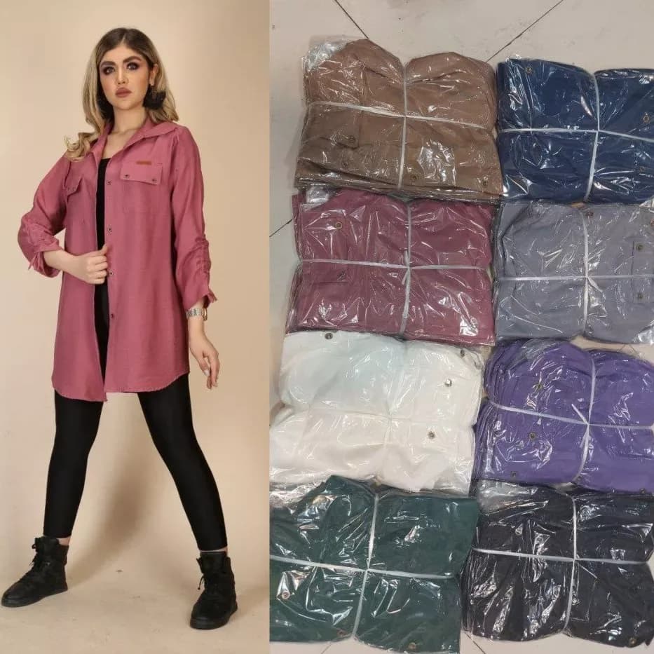مانتو پارچه بابوس، رنگ صورتی و مشکی، بلند، یقه مردانه، آستین بلند