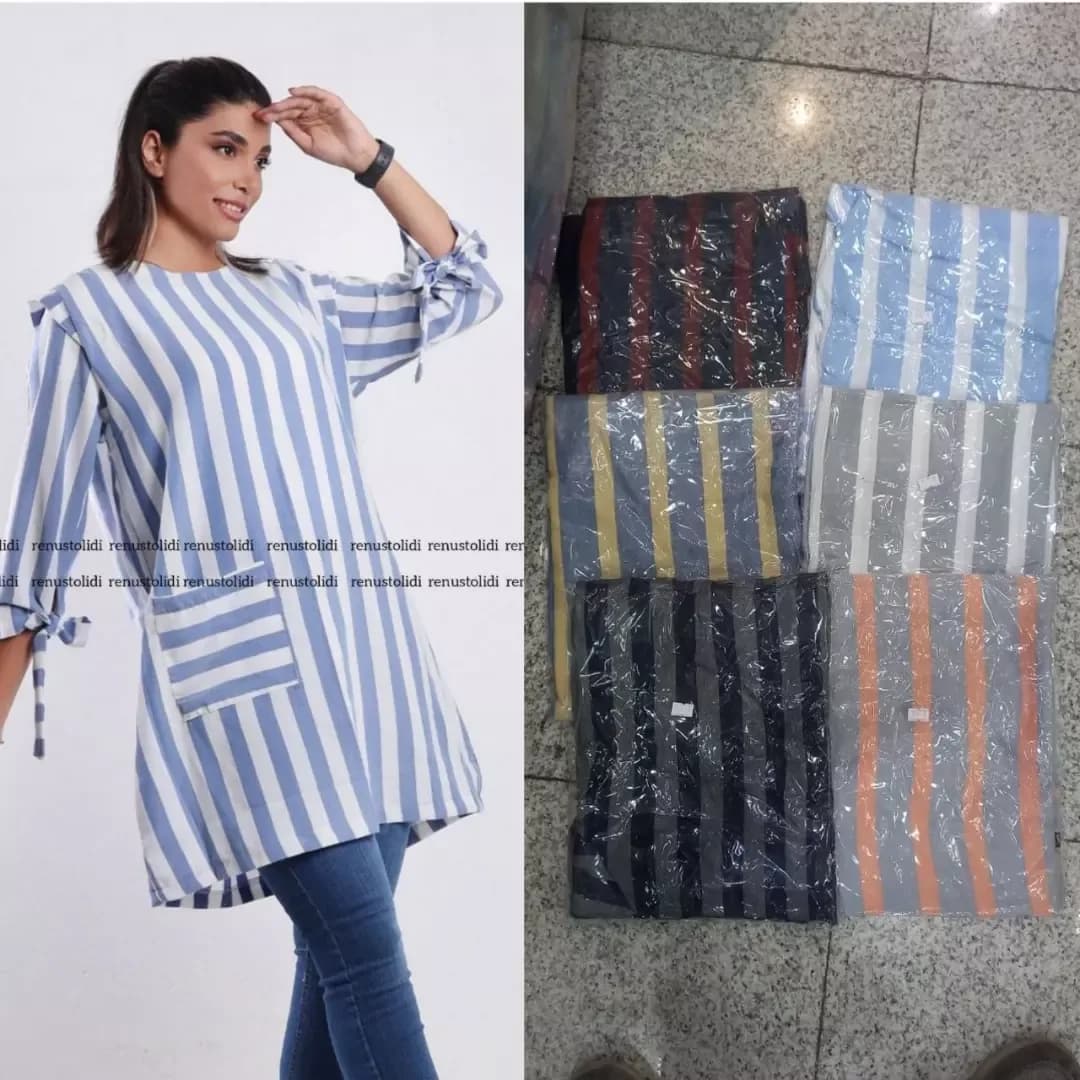 شومیز مانتویی زنانه، رنگ آبی و سفید، جنس کتان، طرح راهراه، بلند، یقه گرد، آستین سه ربعه