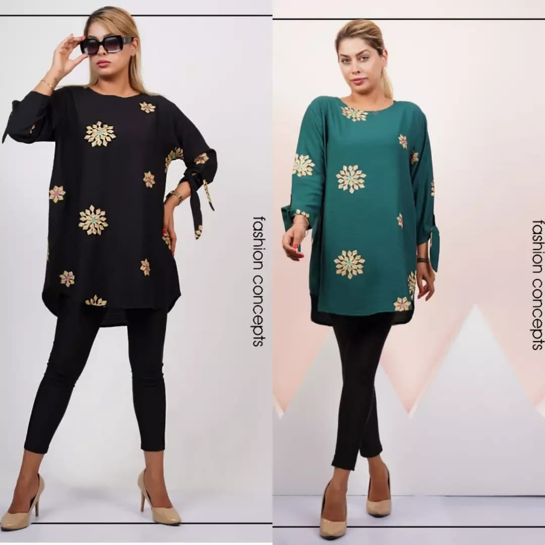 مانتو زنانه، رنگ مشکی و سبز، جنس لینن، طرح هندسی، بلند، یقه گرد، آستین بلند