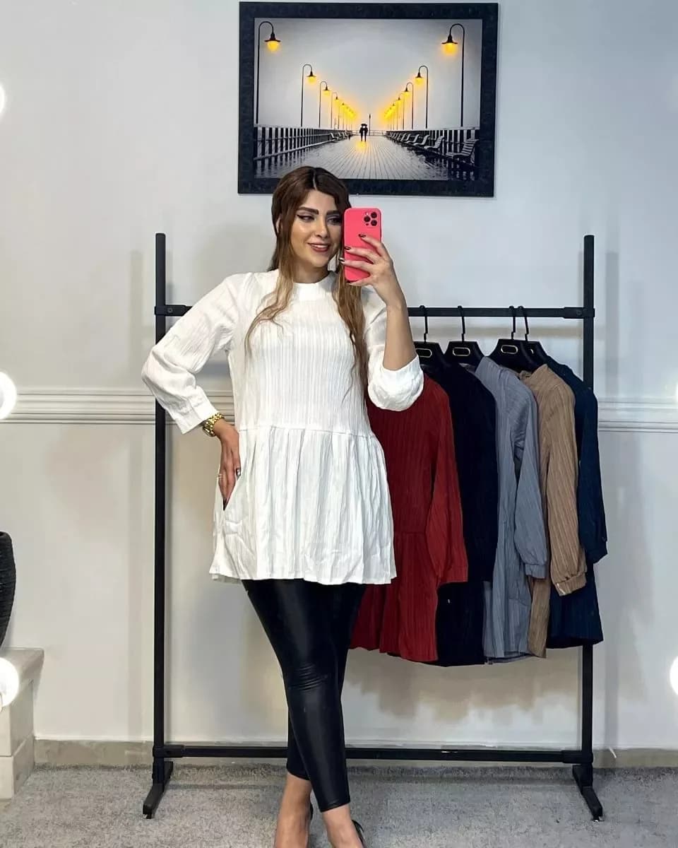 مانتو شومیزی دلتا کراش، رنگ سفید، بلند، گرد، بلند، ساده