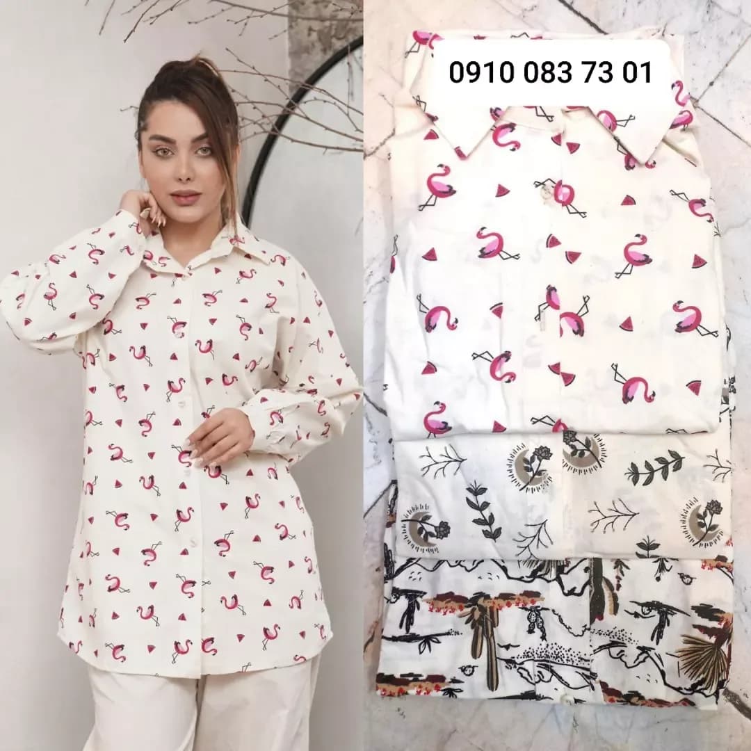 شومیز لنین چاپی کد ۴۹۱، رنگ سفید، صورتی و مشکی، بلند، یقه مردانه، آستین بلند، آزاد
