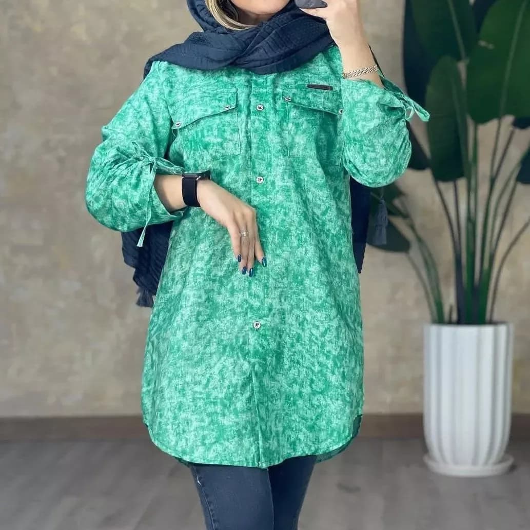 شومیز پیراهنی آستین گت، رنگ سبز، بلند، یقه مردانه، آستین بلند، آزاد