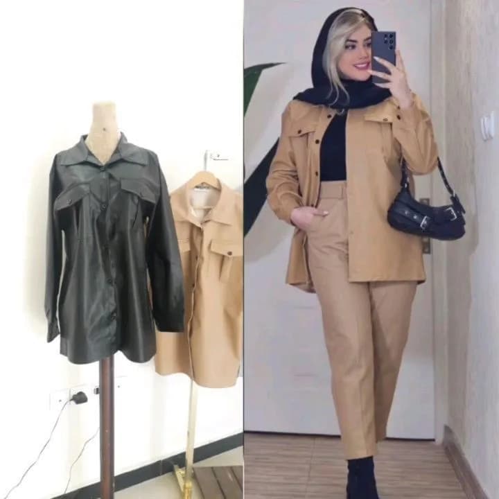 ست کت و شلوار، رنگ مشکی و کرم، کت کوتاه، شلوار جذب