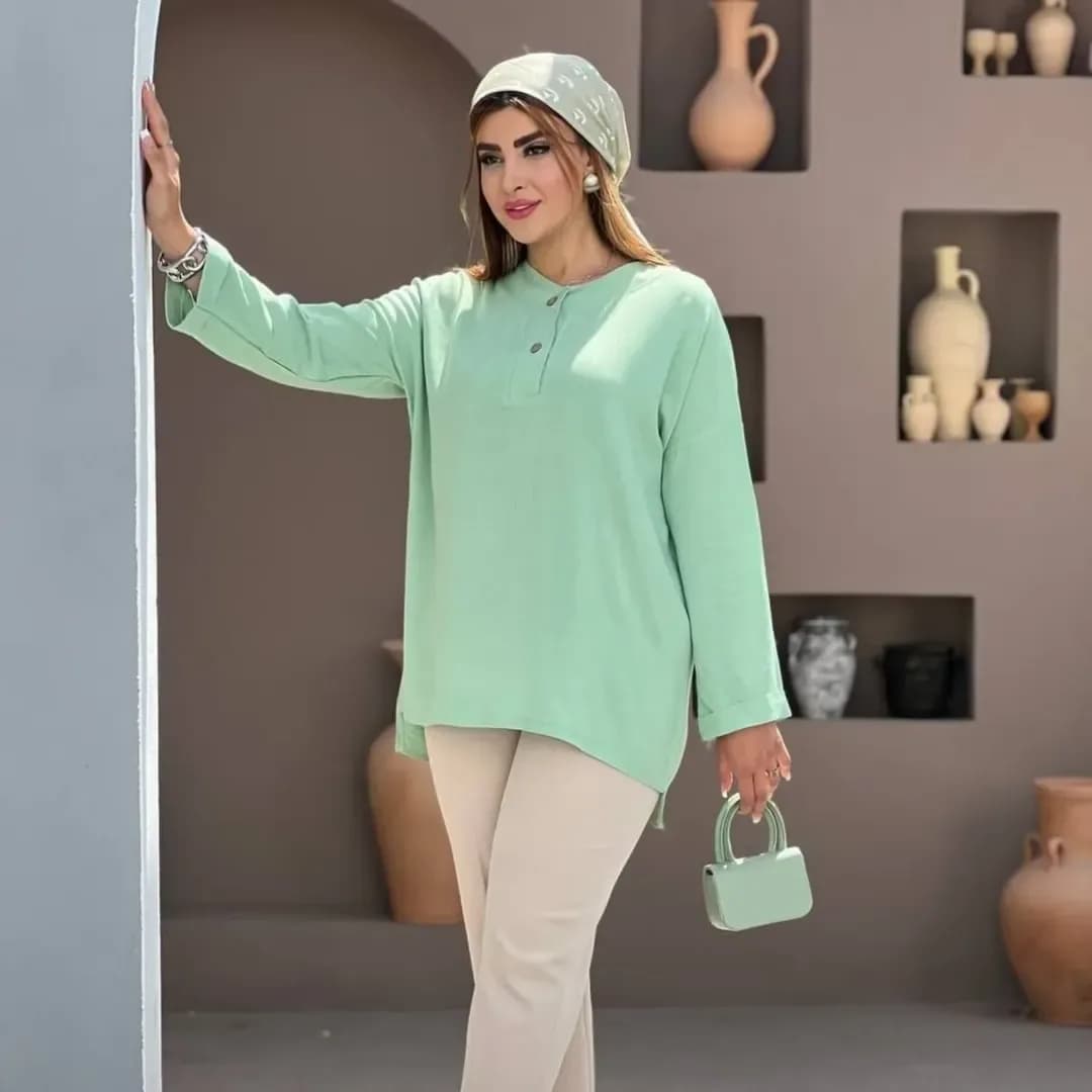 شومیز تونیک شانتون اسلپ، رنگ سبز روشن، جنس لینن، آستین بلند، یقه گرد، آزاد