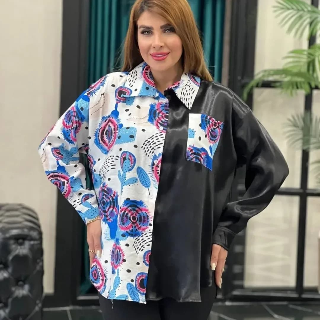 شومیز زنانه جنس الیزه، رنگ سفید، سیاه، آبی و صورتی، جنس ساتن، قد متوسط، یقه دار، گشاد