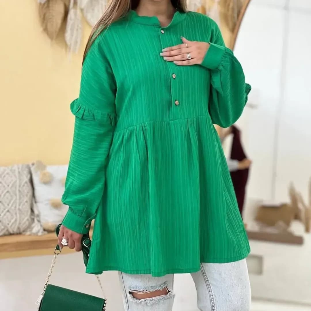 شومیز تونیک کراش عروسکی، رنگ سبز، جنس لینن، طرح راه راه، آستین بلند، یقه گرد، آزاد