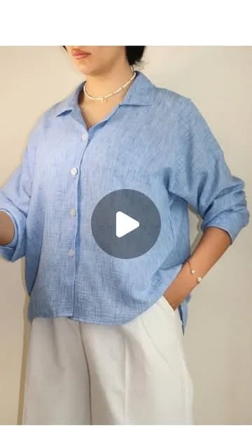 شومیز خنک تابستانی، رنگ آبی، جنس لینن، قد متوسط، یقه دار، گشاد