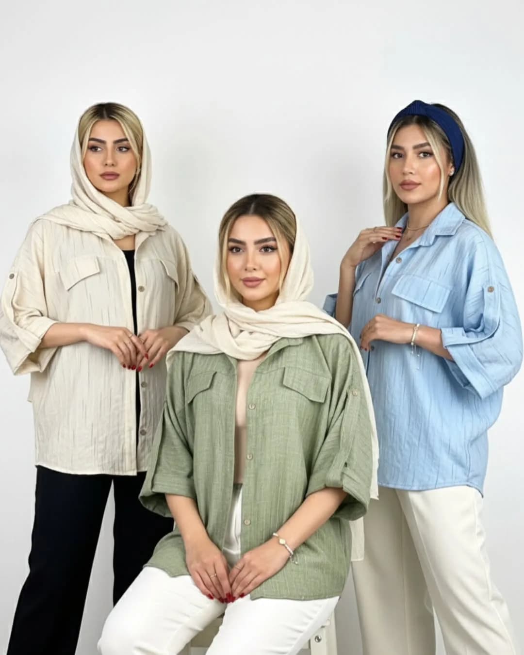 شومیز آستین کیمونو کد ۹۲۳، رنگ کرم، سبز و آبی، گشاد، آستین سه چهارم