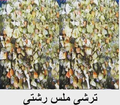 ترشی ملس رشتی، رنگ سبز، سفید و نارنجی، خرد شده