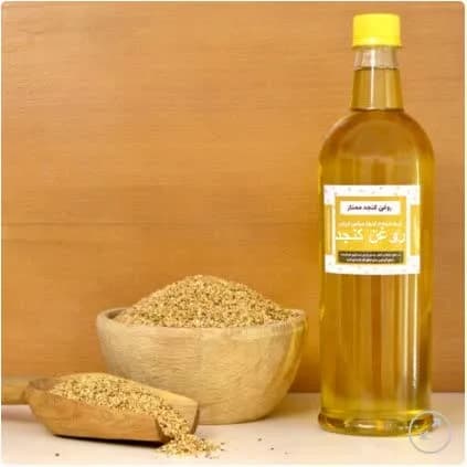 روغن کنجد، رنگ زرد، جنس شیشه و چوب، بطری استوانه‌ای