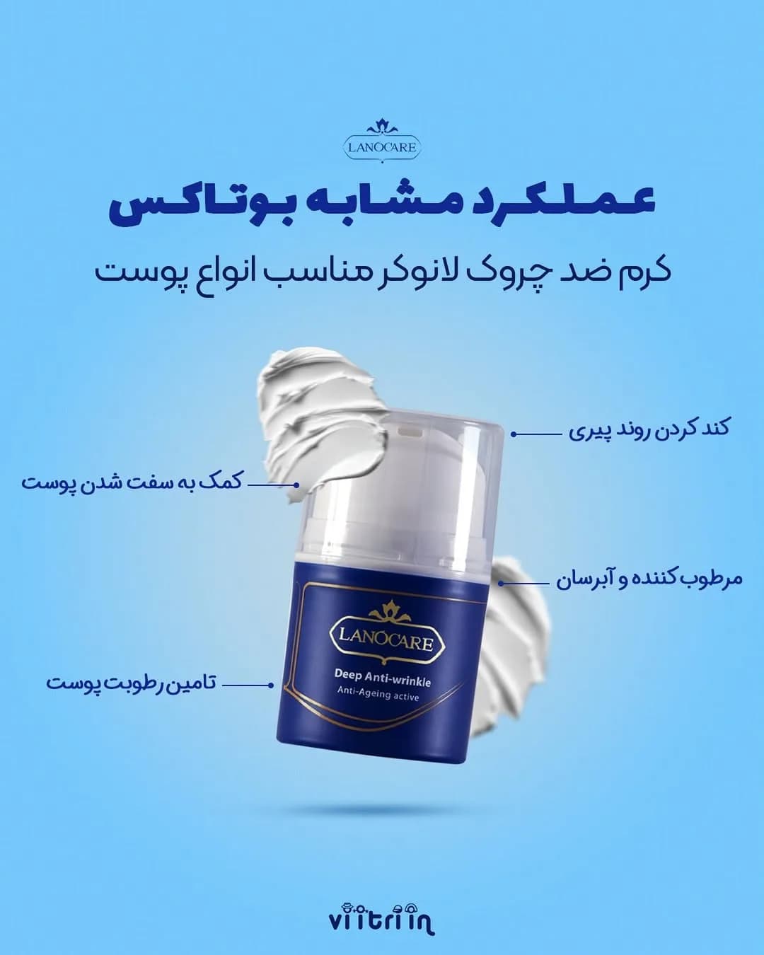 کرم ضدچروک لانوکر، رنگ سرمه‌ای و سفید، جنس پلاستیک، تیوپی، درب‌دار
