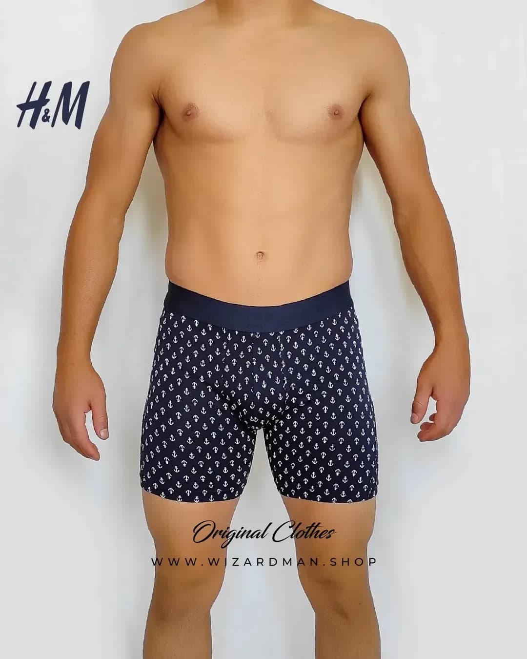 شورت مردانه پادار طرح لنگر H&M، رنگ سرمهای و سفید، باکسر، جذب