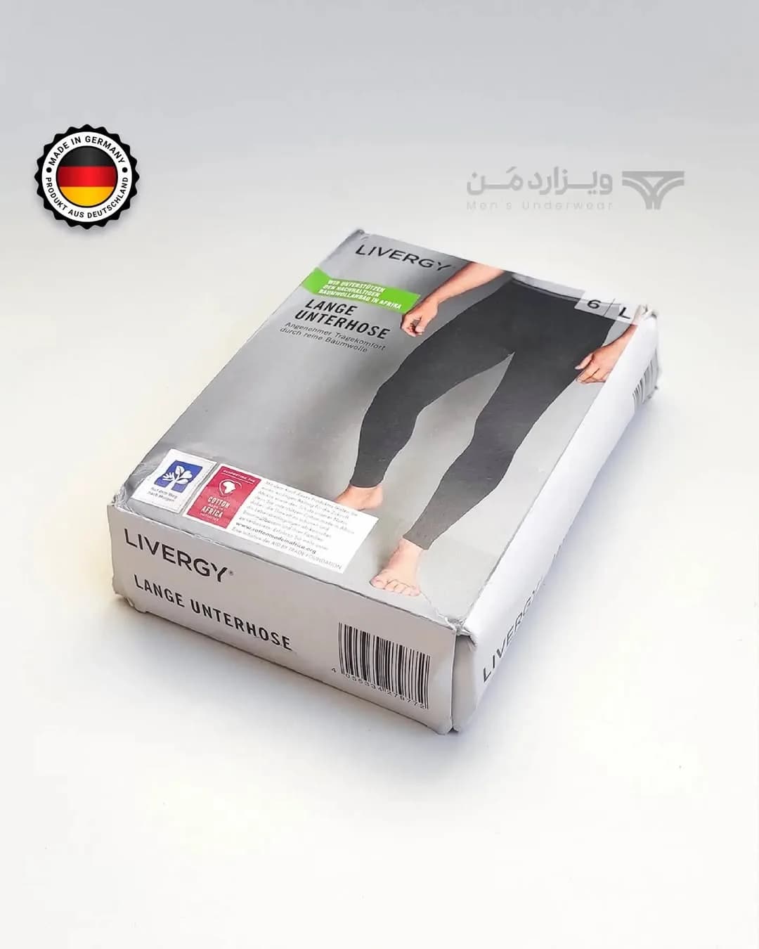 لگینگ مردانه کش پهن لیورجی، رنگ سفید و خاکستری، جنس مقوا، جعبه مستطیلی