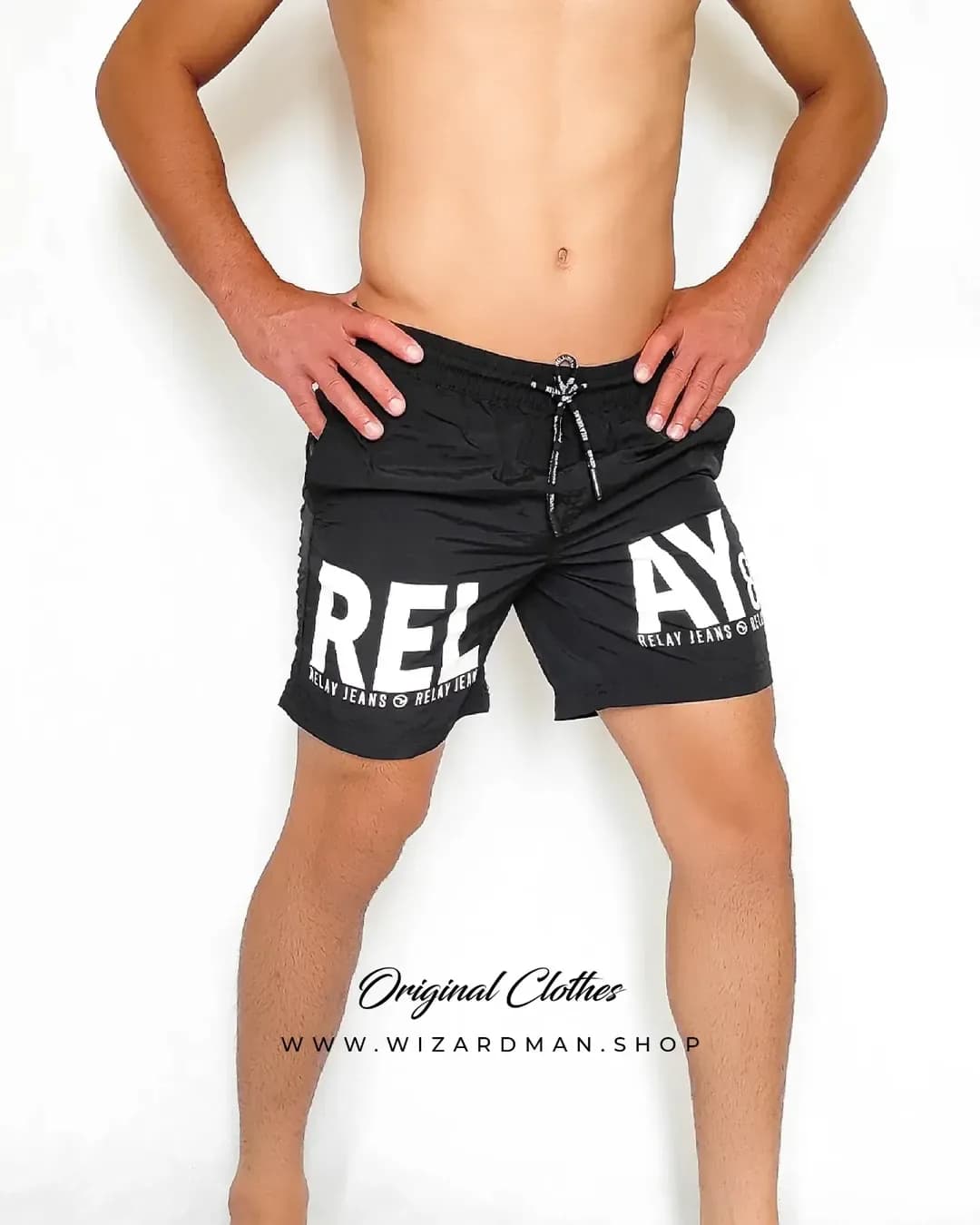 شلوارک مردانه کتان ضد آب Relay Jeans، رنگ مشکی و سفید، کوتاه، کشی، بنددار