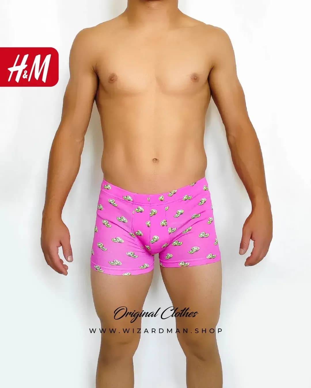 شورت مردانه پادار طرح کیوی صورتی H&M، رنگ سبز و سفید، طرح شخصیت کارتونی، باکسر، جذب