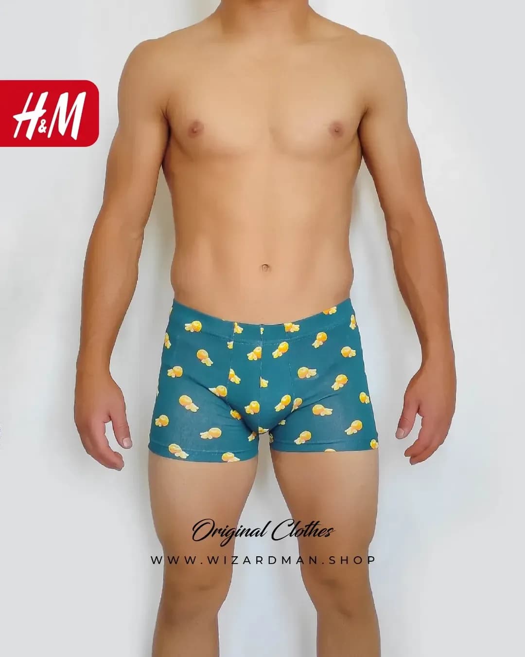 شورت مردانه پادار طرح پرتقال H&M، رنگ سبزآبی و زرد، باکسر، جذب