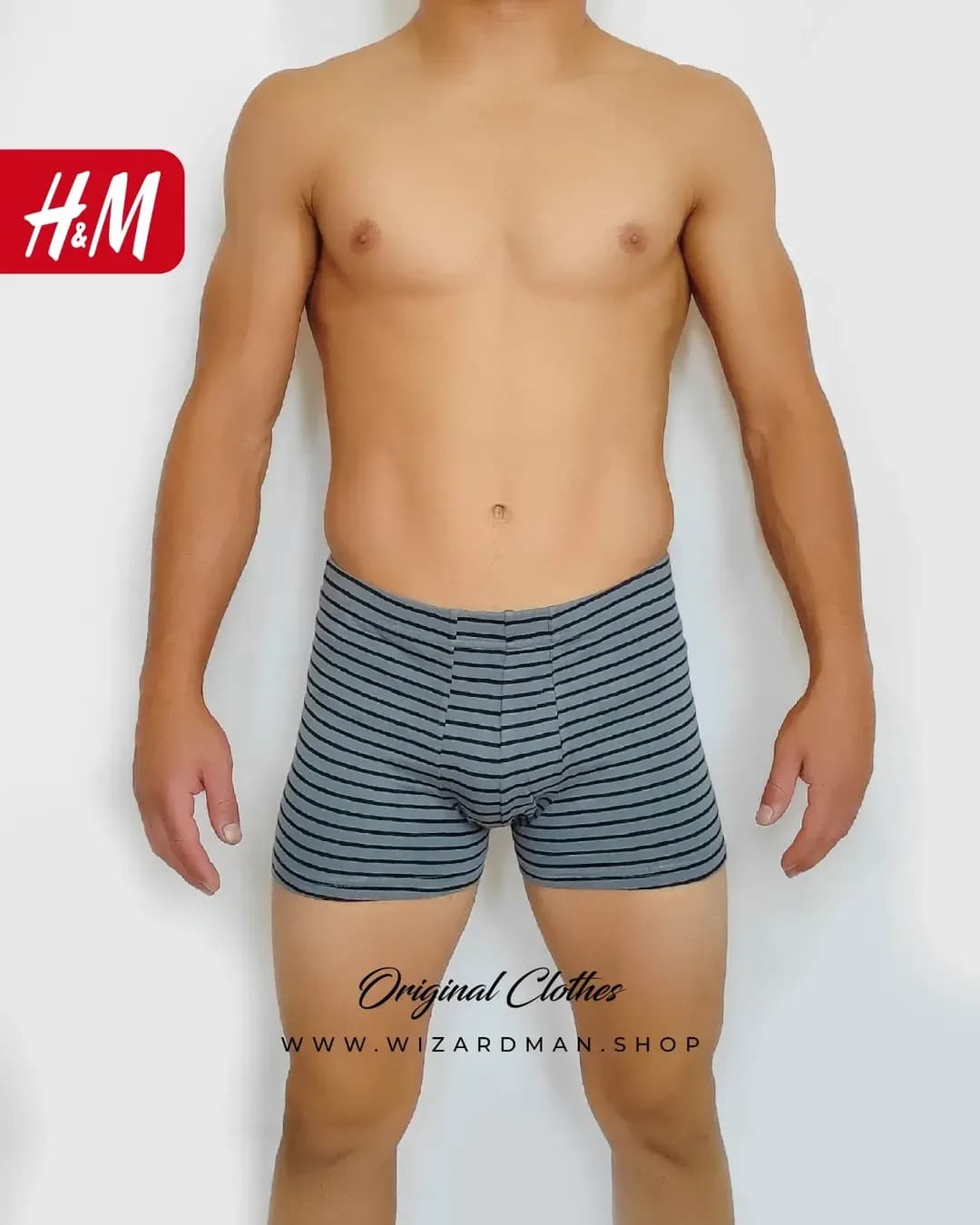 شورت مردانه پادار راه‌راه فیلی H&M، رنگ خاکستری و سرمه‌ای، باکسر، جذب