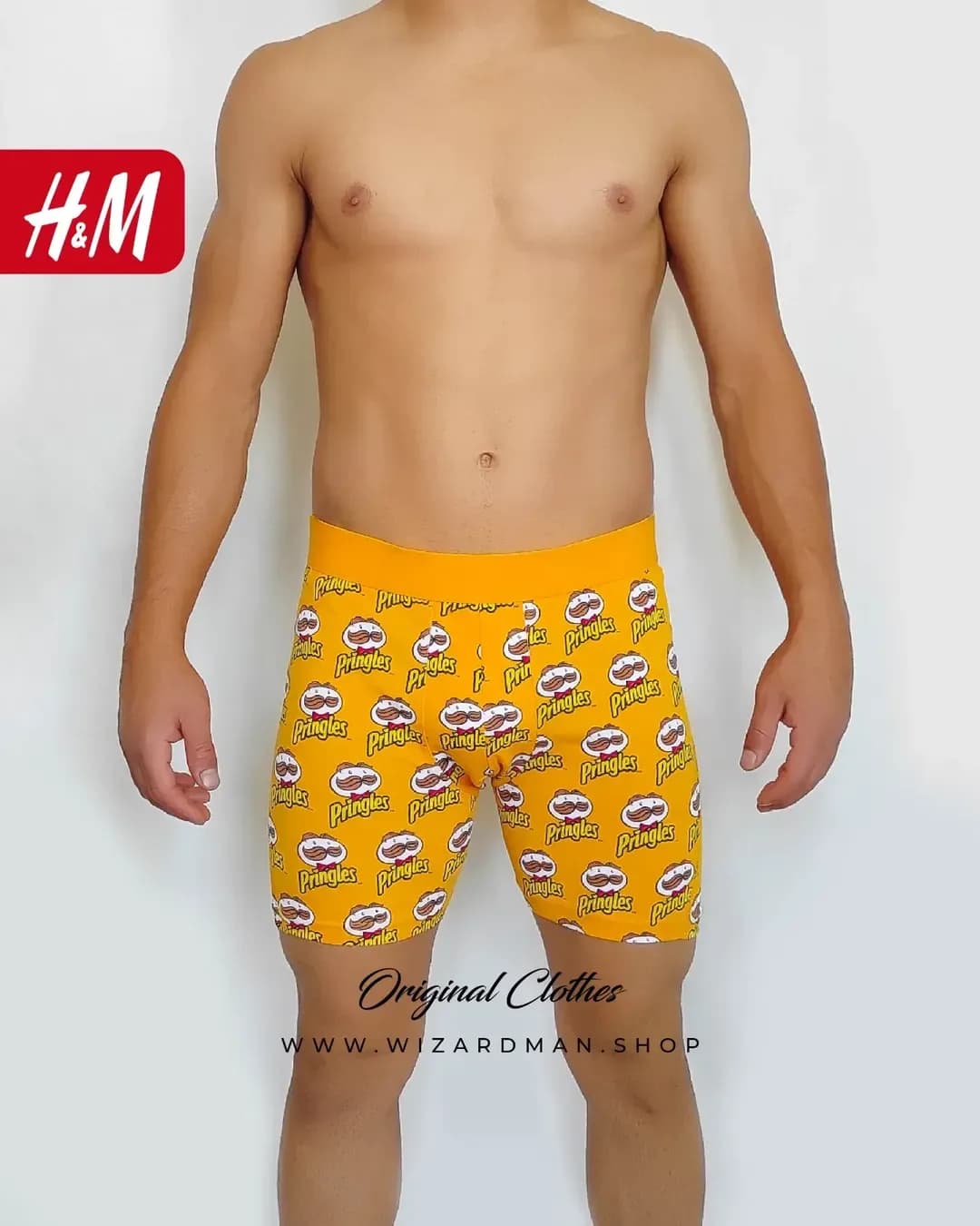 شورت مردانه پادار طرح Pringles H&M، رنگ زرد، طرح شخصیت کارتونی، باکسر