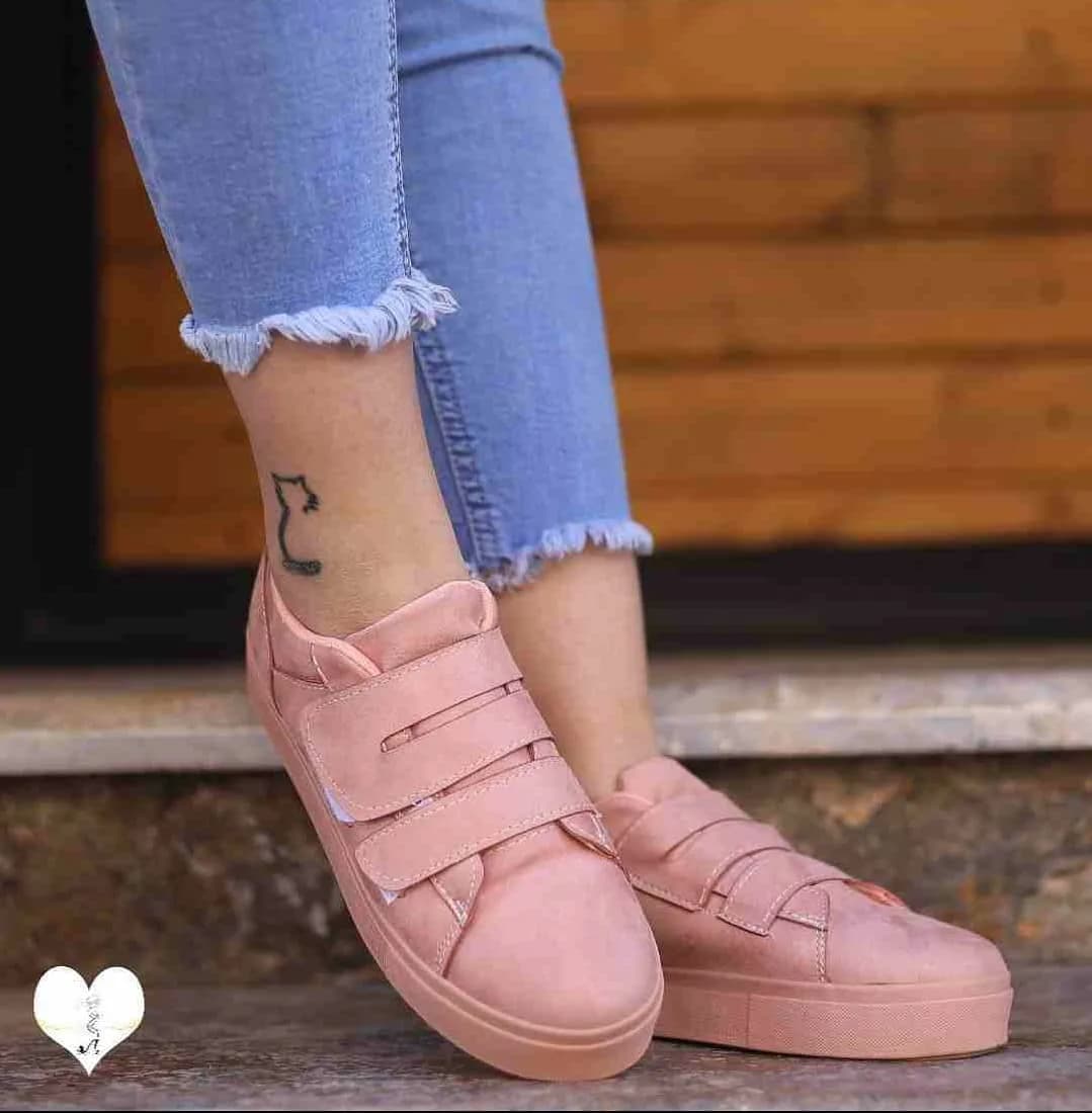 کتانی چسبی ساده زنانه صورتی، لژدار