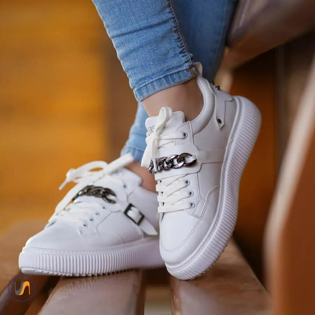 کتانی ساده زنانه سفید با زنجیر، بنددار، تخت، زنجیری