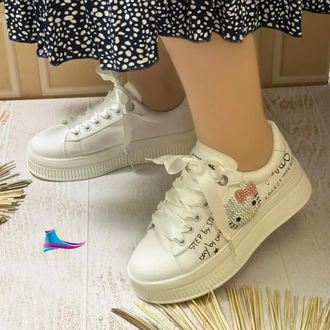 کتانی چسبی ساده زنانه سفید طرح هلو کیتی، پاشنه بلند
